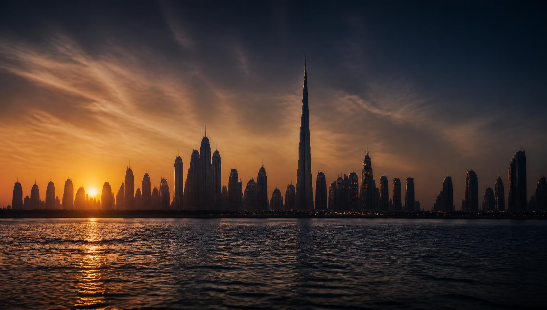 Dubai skyline at dusk with the Burj Khalifa above the water